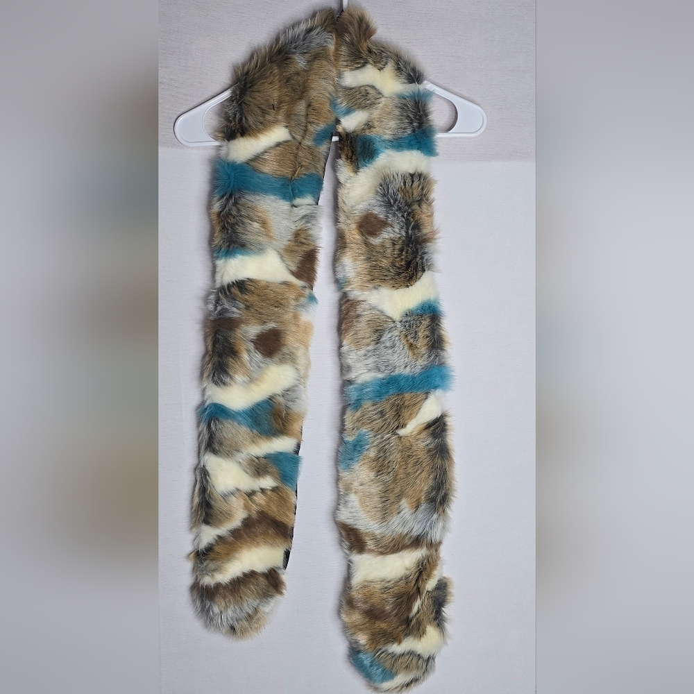 Teal Tan Brown Multi-Colored Faux Fur Stole Scarf  Wrap Collar